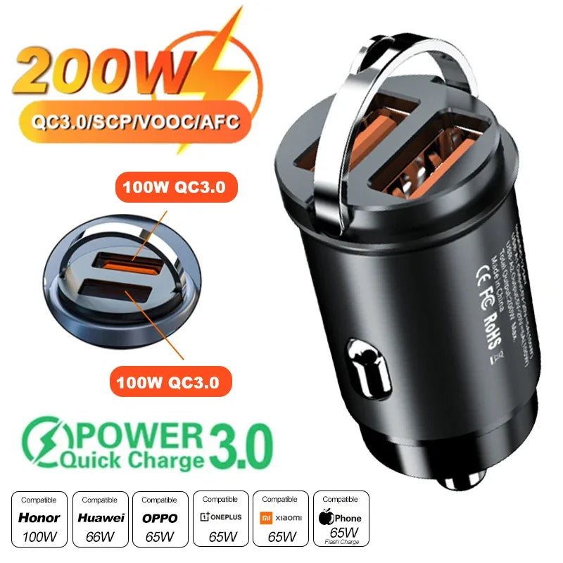 Carregador USB duas portas para carro, carregamento ultra rápido, soquete de isqueiro, adaptador de telefone celular de alumínio, 12-24V, até 200W