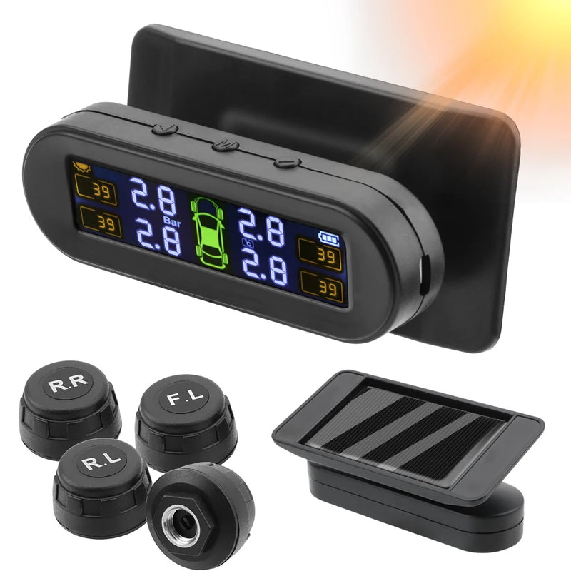 Sistema de monitoramento de pressão dos pneus Aviso de temperatura Combustível Economize com 4 sensores externos Solar TPMS Monitor de pressão dos pneus do carro