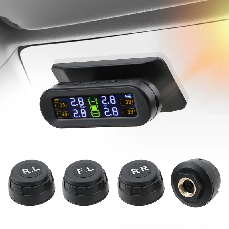 Sistema de monitoramento de pressão dos pneus Aviso de temperatura Combustível Economize com 4 sensores externos Solar TPMS Monitor de pressão dos pneus do carro