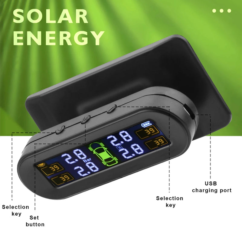 Sistema de monitoramento de pressão dos pneus Aviso de temperatura Combustível Economize com 4 sensores externos Solar TPMS Monitor de pressão dos pneus do carro