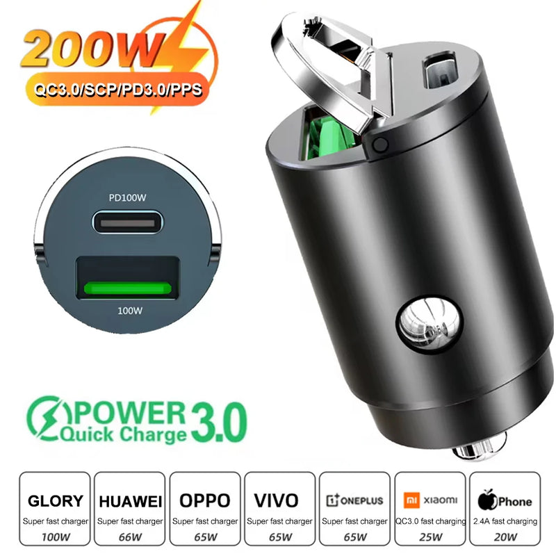 Carregador USB duas portas para carro, carregamento ultra rápido, soquete de isqueiro, adaptador de telefone celular de alumínio, 12-24V, até 200W